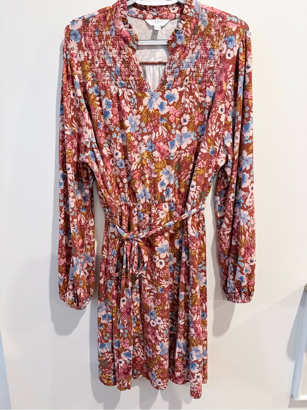 Time and Tru Rust Floral Smocked Yoke Long Sleeve Dress